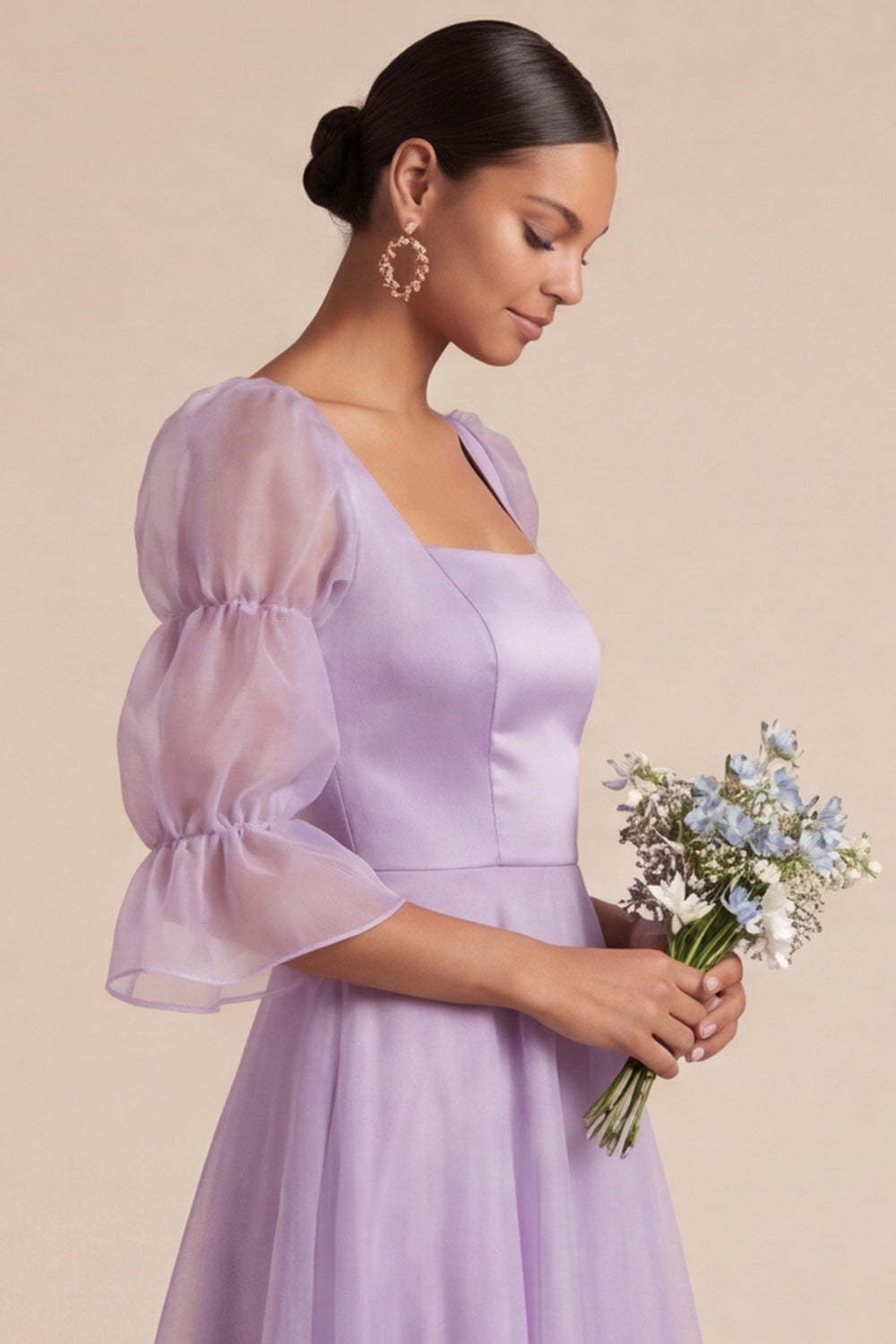 Elegant Lilac Square Neck A Line Long Bridesmaid Dress with Sleeves