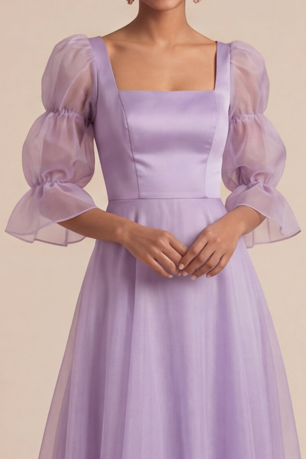Elegant Lilac Square Neck A Line Long Bridesmaid Dress with Sleeves