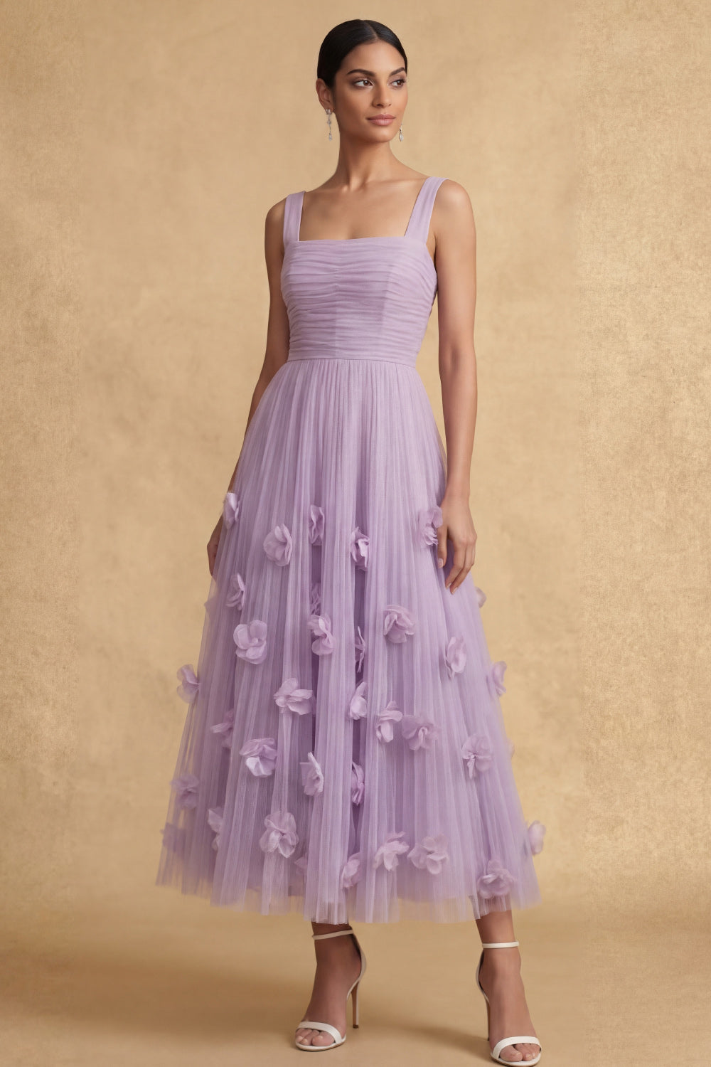 Thick Straps Floral Appliqued A Line Lilac Long Wedding Guest Dress