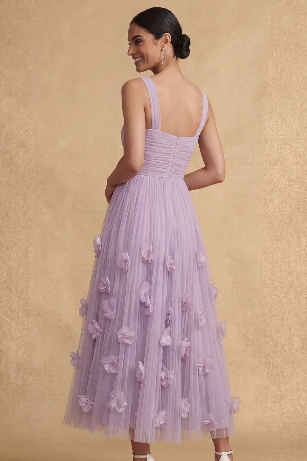 Thick Straps Floral Appliqued A Line Lilac Long Wedding Guest Dress