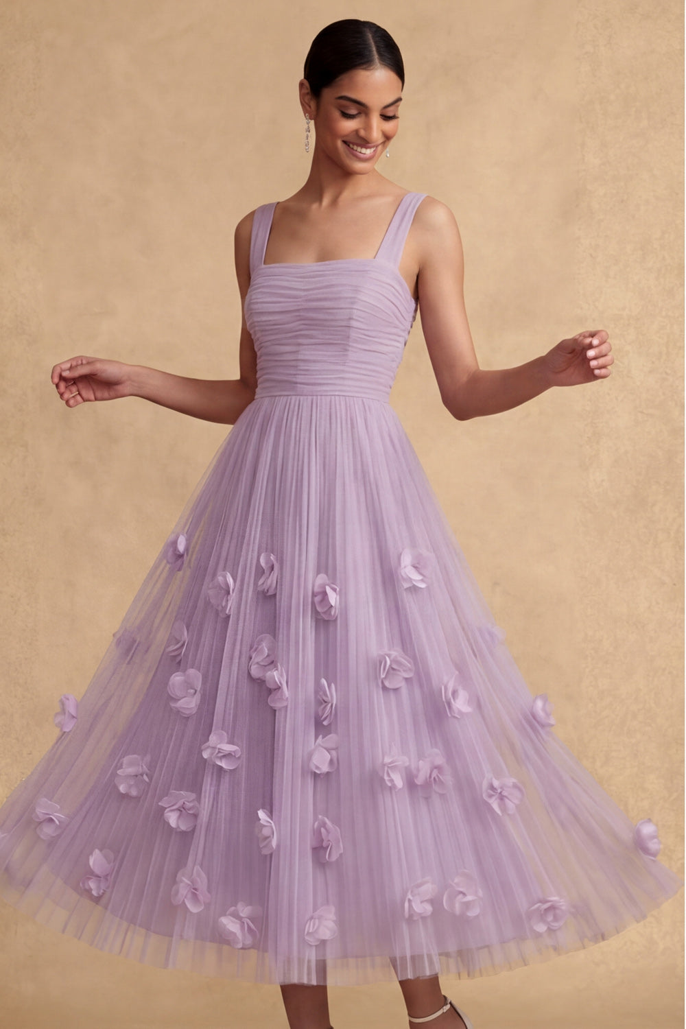Thick Straps Floral Appliqued A Line Lilac Long Wedding Guest Dress