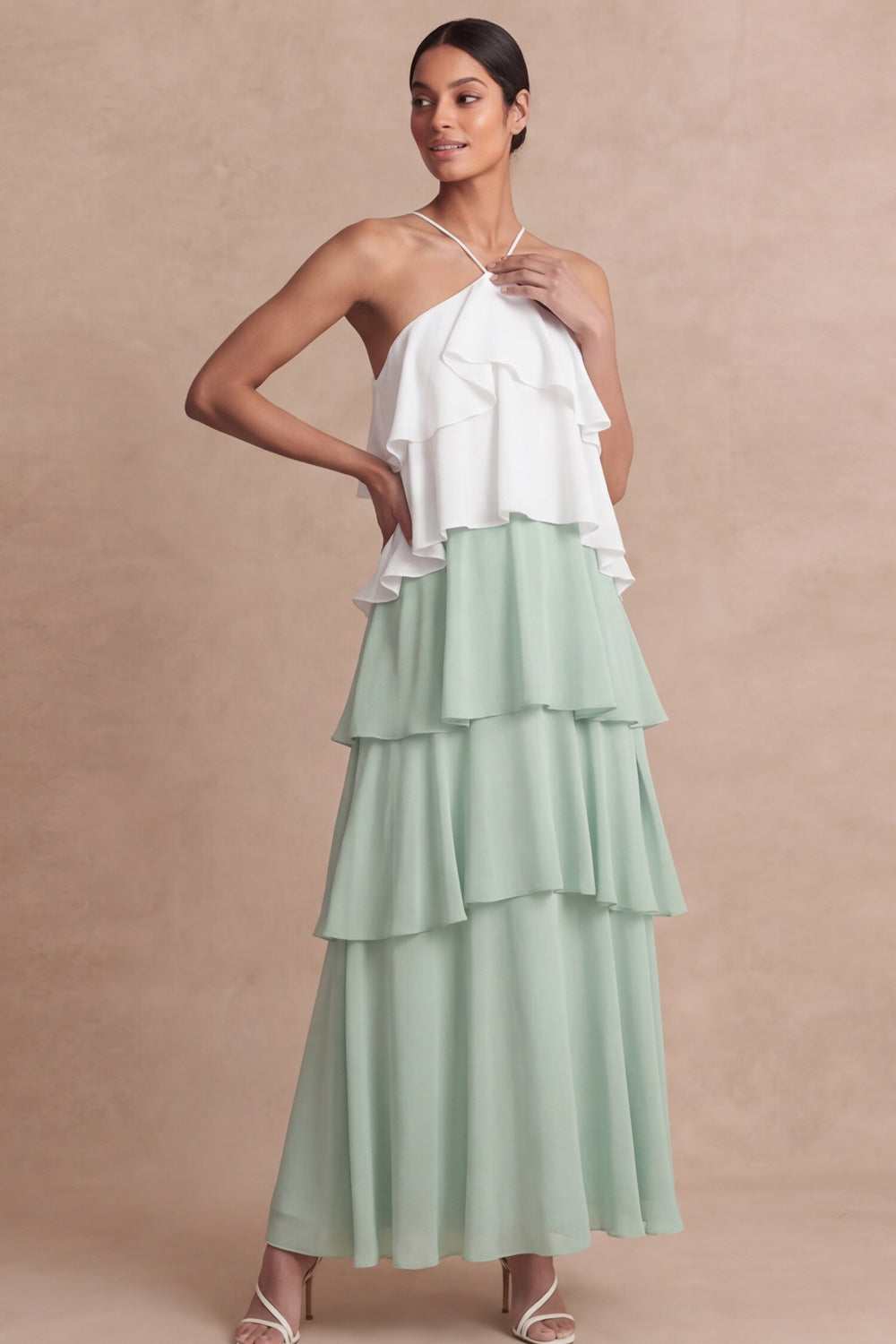 Leely Women Dusty Sage A Line Long Bridesmaid Dress with Ruffles Cross Halter Tiered Wedding Guest Dress