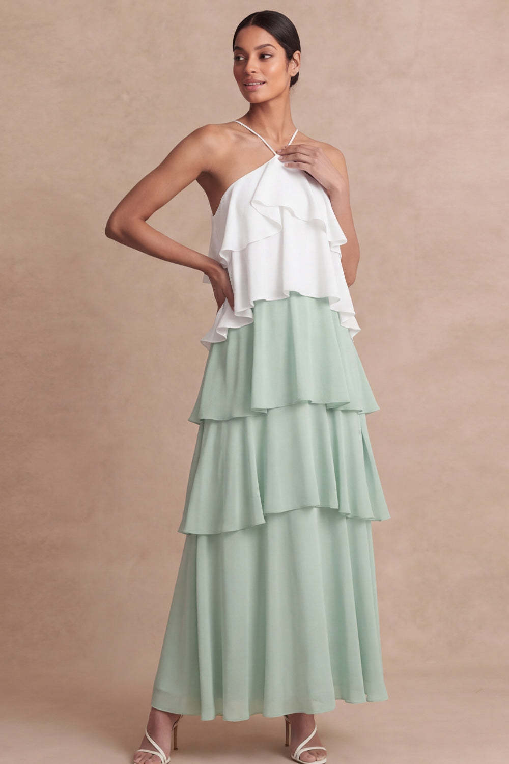 Leely Women Dusty Sage A Line Long Bridesmaid Dress with Ruffles Cross Halter Tiered Wedding Guest Dress