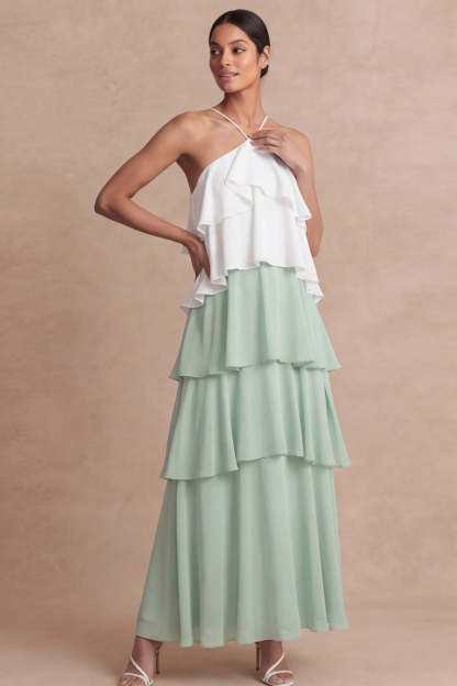 Leely Women Dusty Sage A Line Long Bridesmaid Dress with Ruffles Cross Halter Tiered Wedding Guest Dress
