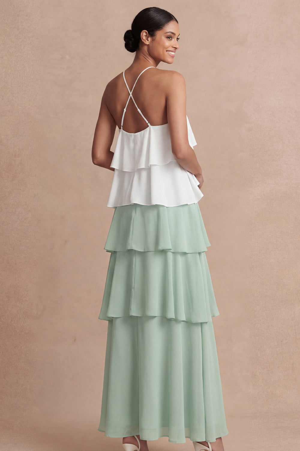 Dusty Sage Cross Halter Tiered A Line Long Bridesmaid Dress
