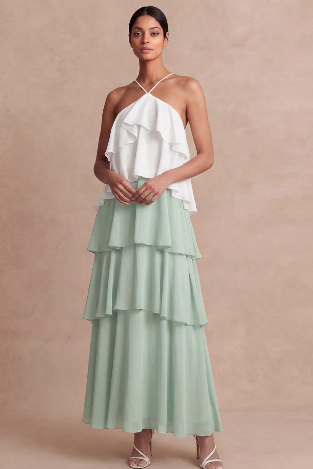 Dusty Sage Cross Halter Tiered A Line Long Bridesmaid Dress