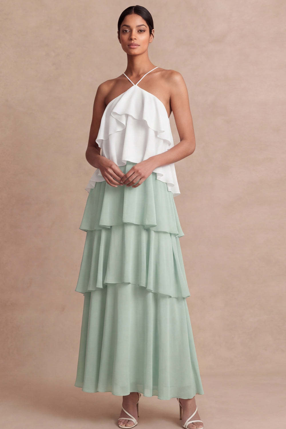 Dusty Sage Cross Halter Tiered A Line Long Bridesmaid Dress