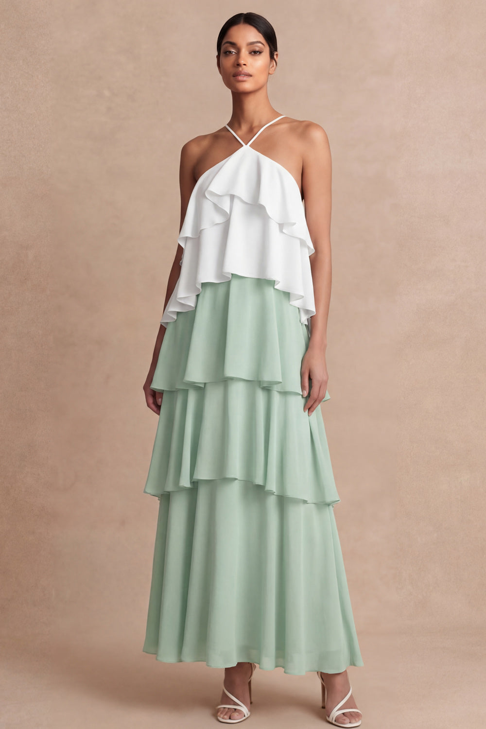 Dusty Sage Cross Halter Tiered A Line Long Bridesmaid Dress