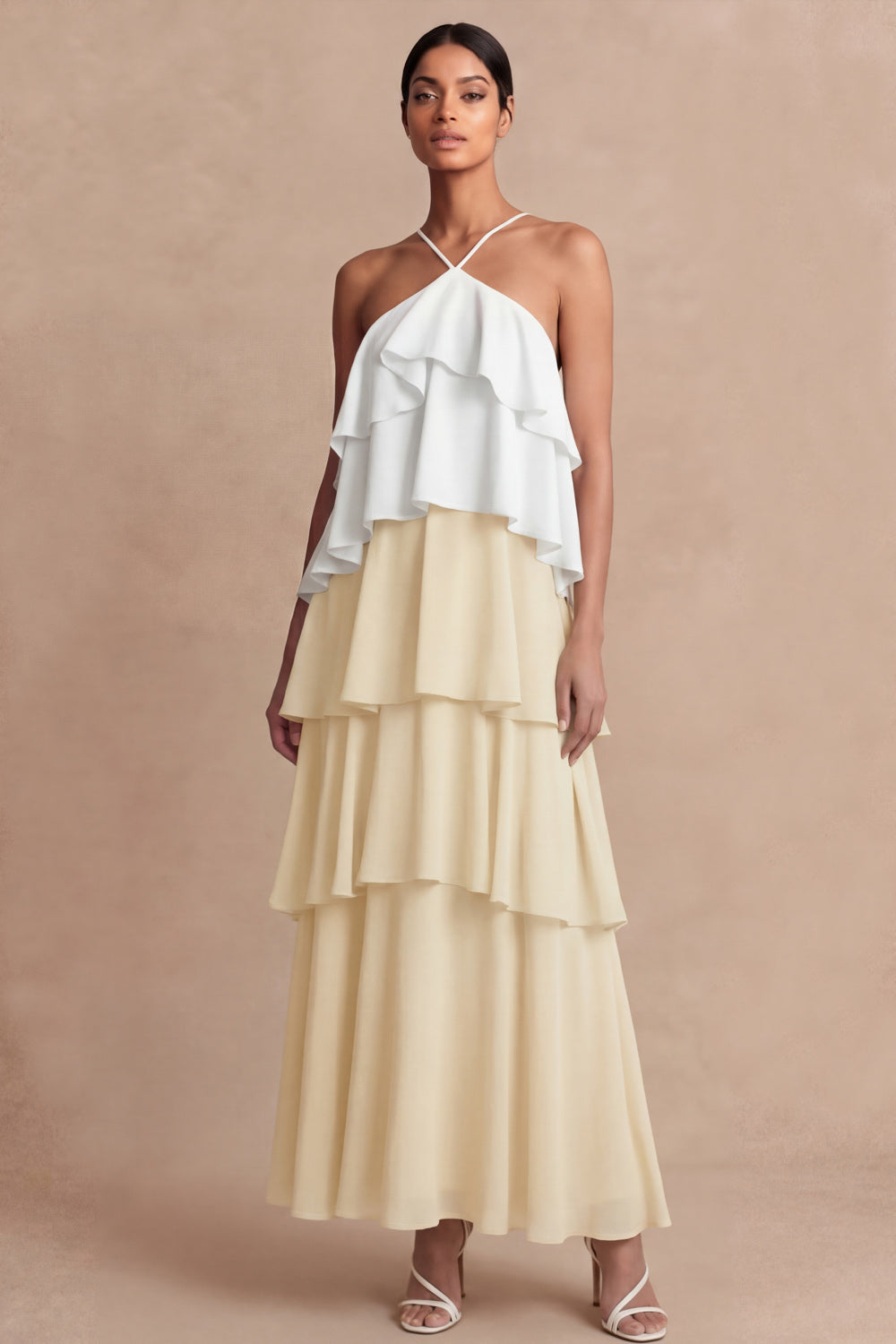 Dusty Sage Cross Halter Tiered A Line Long Bridesmaid Dress