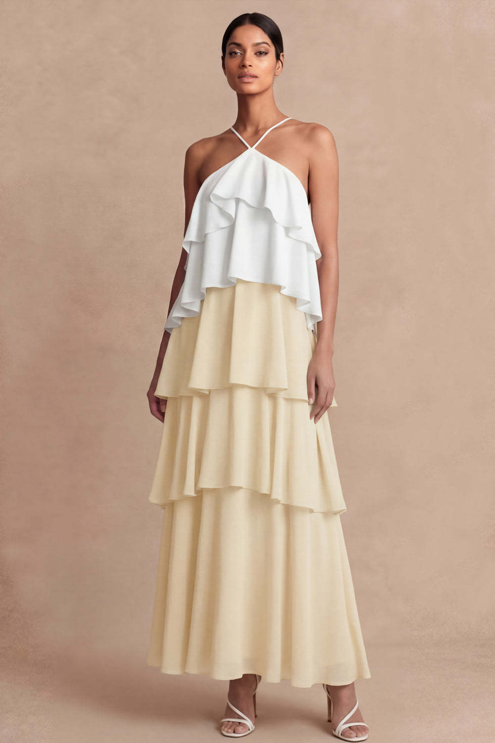 Dusty Sage Cross Halter Tiered A Line Long Bridesmaid Dress