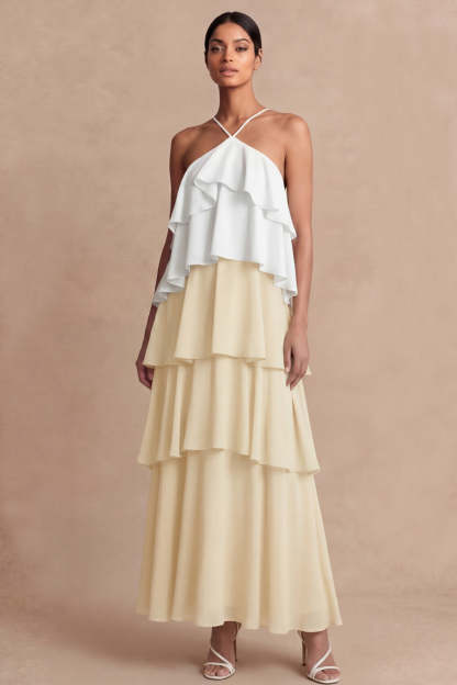 Dusty Sage Cross Halter Tiered A Line Long Bridesmaid Dress