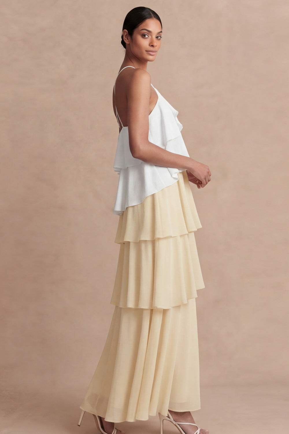 Dusty Sage Cross Halter Tiered A Line Long Bridesmaid Dress