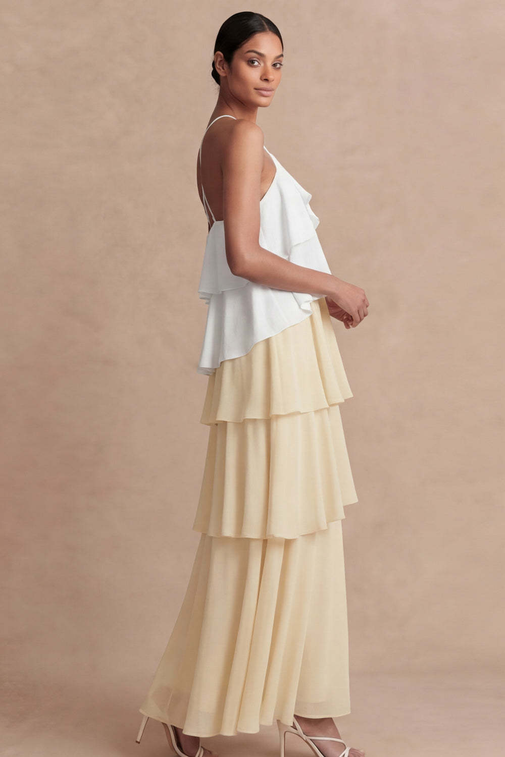Dusty Sage Cross Halter Tiered A Line Long Bridesmaid Dress