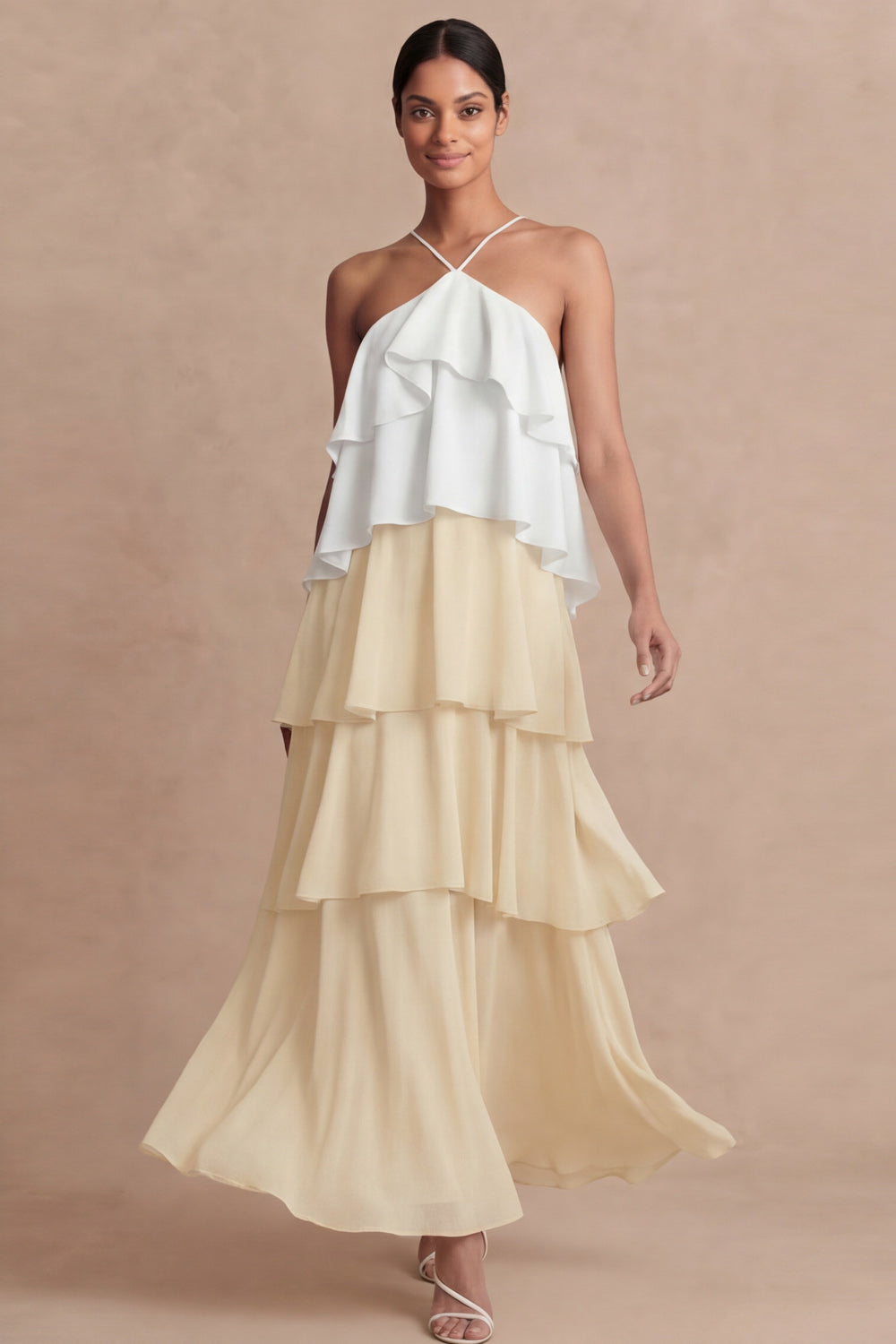 Dusty Sage Cross Halter Tiered A Line Long Bridesmaid Dress