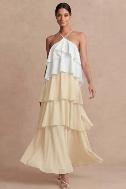 Dusty Sage Cross Halter Tiered A Line Long Bridesmaid Dress