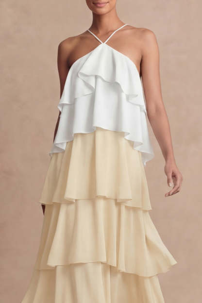 Dusty Sage Cross Halter Tiered A Line Long Bridesmaid Dress