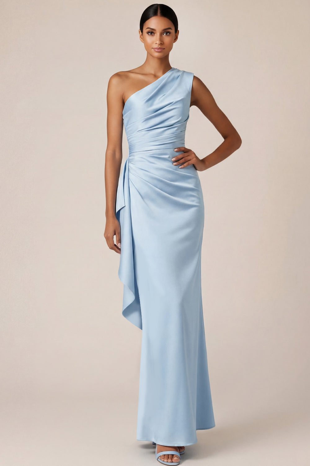 Leely Women Light Blue Sheath Long Bridesmaid Dress with Drape Satin Ruched One Shoulder Wedding Guest Dress
