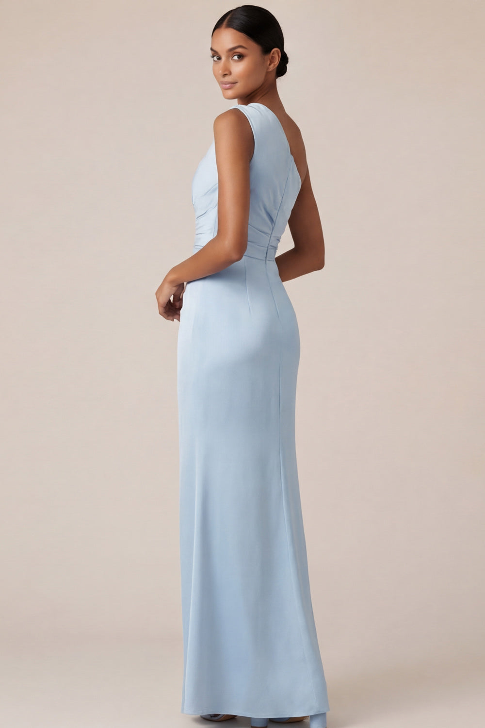 Light Blue One Shoulder Sheath Satin Long Bridesmaid Dress with Drape