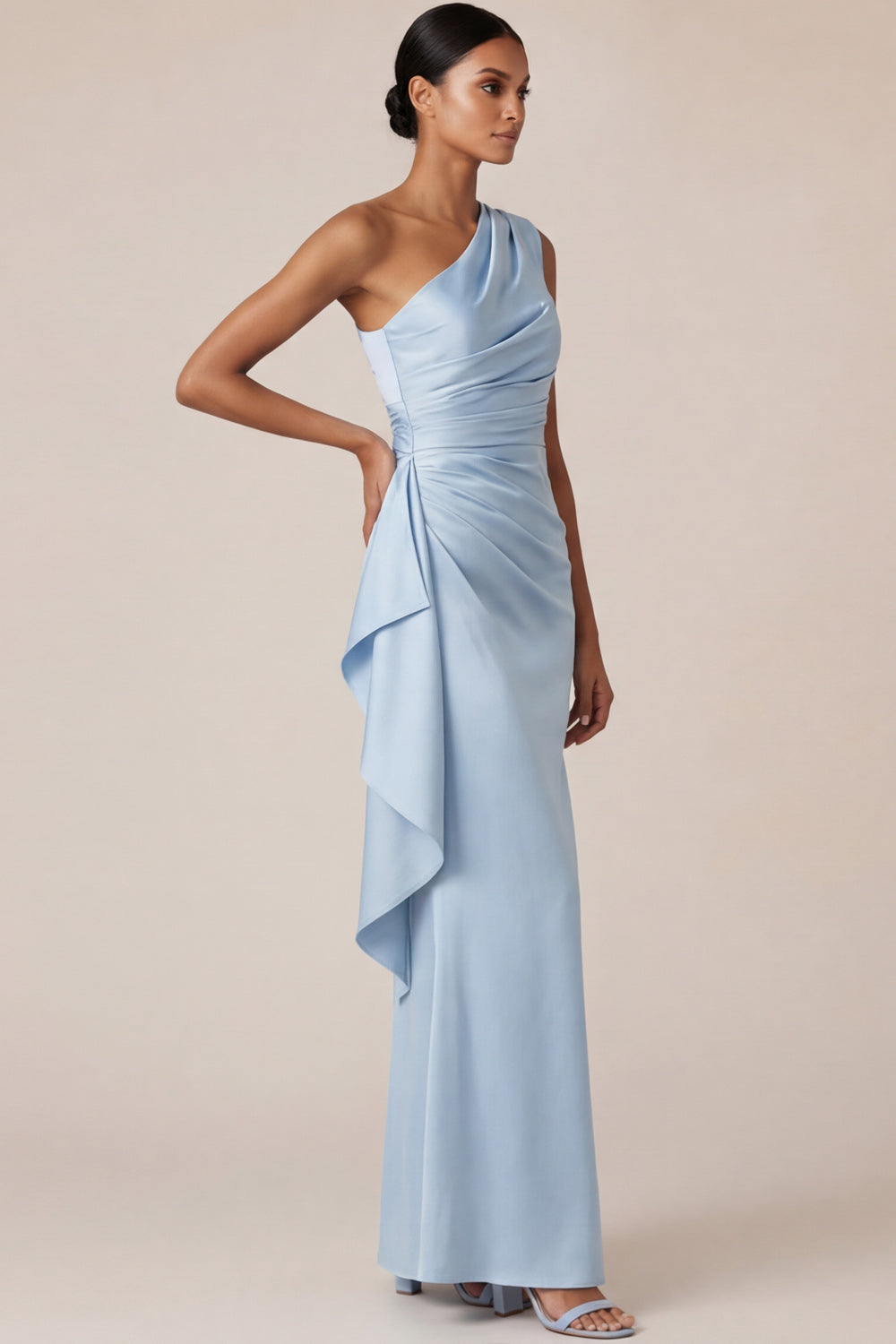 Light Blue One Shoulder Sheath Satin Long Bridesmaid Dress with Drape