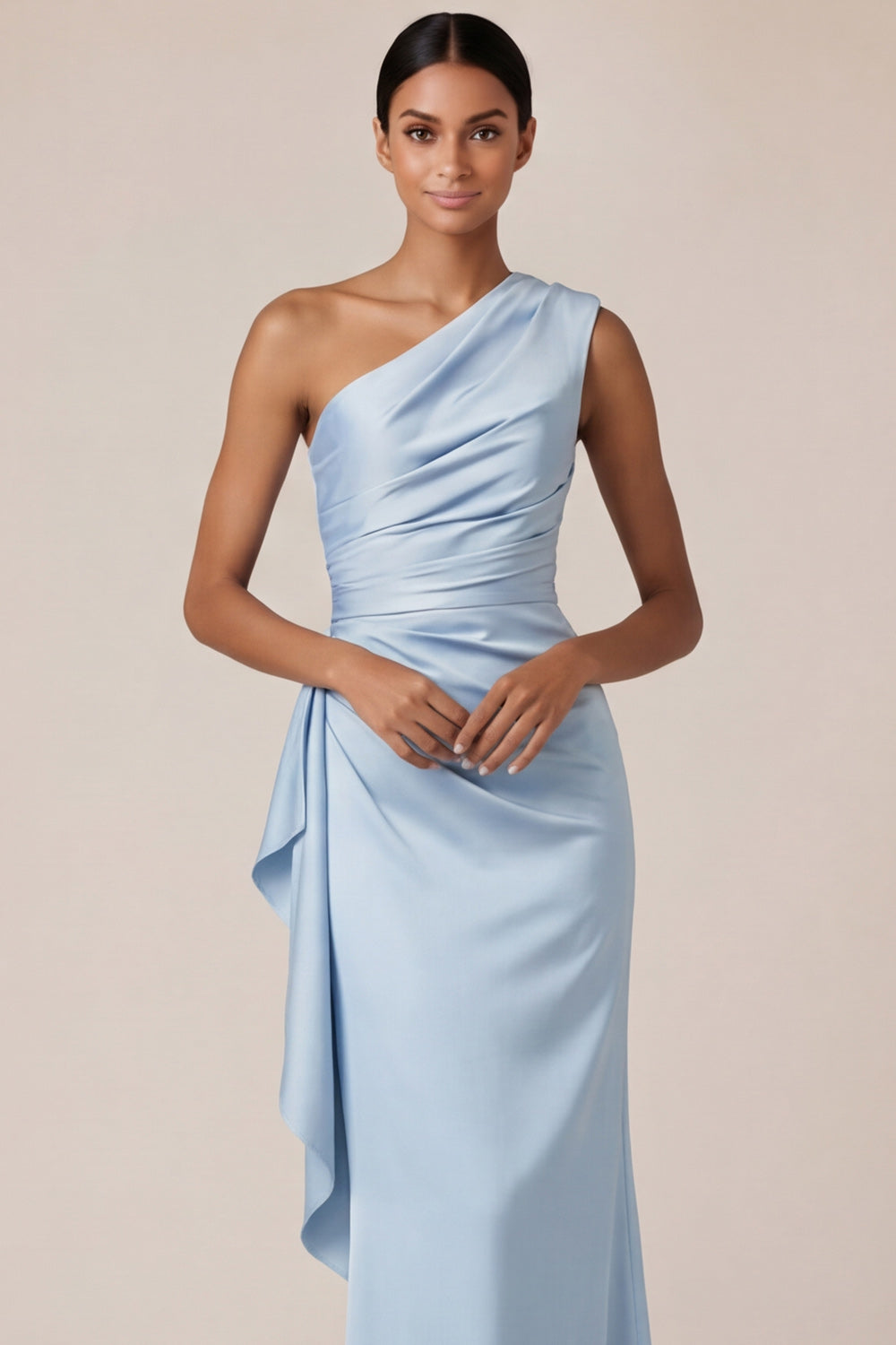 Light Blue One Shoulder Sheath Satin Long Bridesmaid Dress with Drape