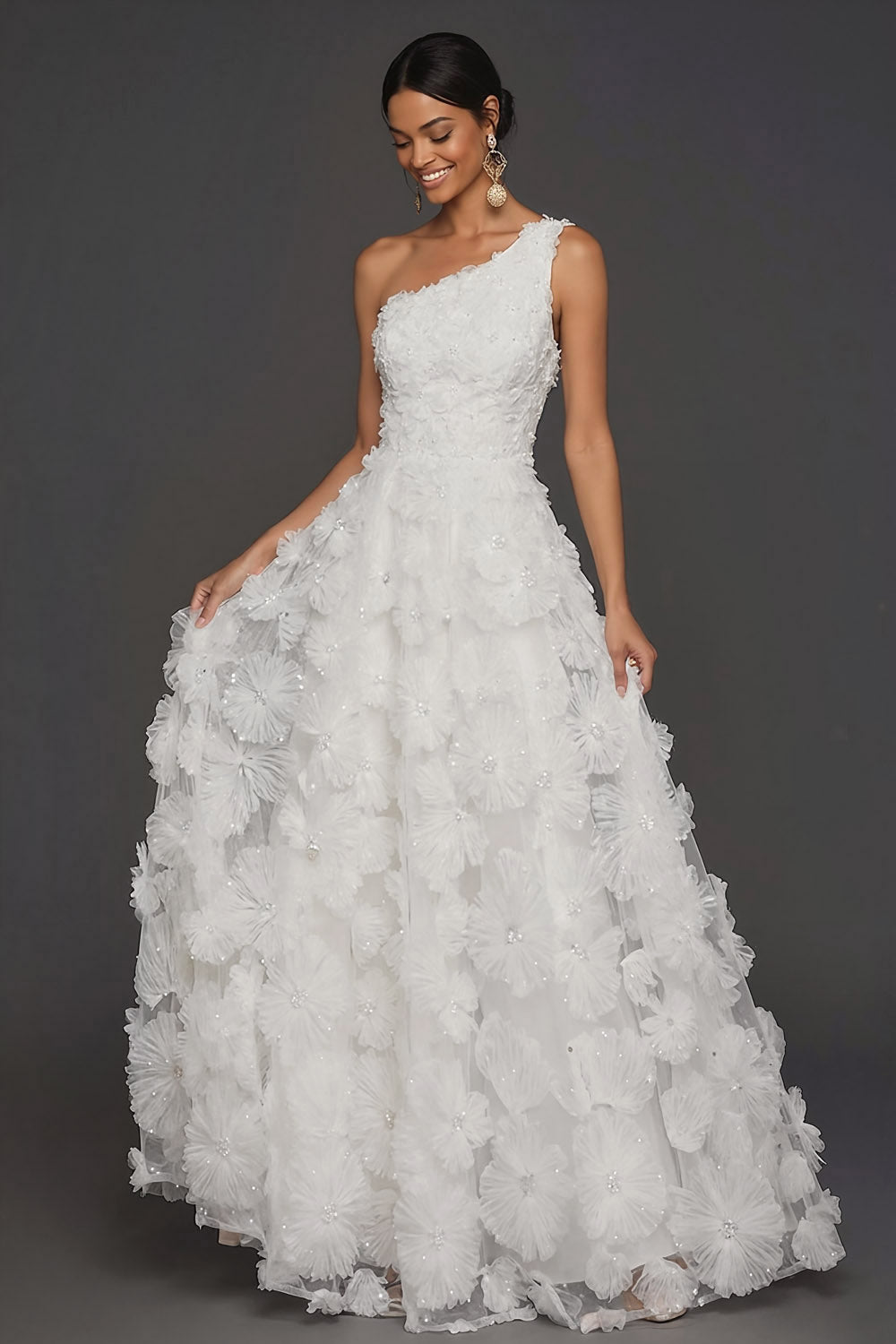 White A Line Floral Appliqued One Shoulder Long Engagement Dress