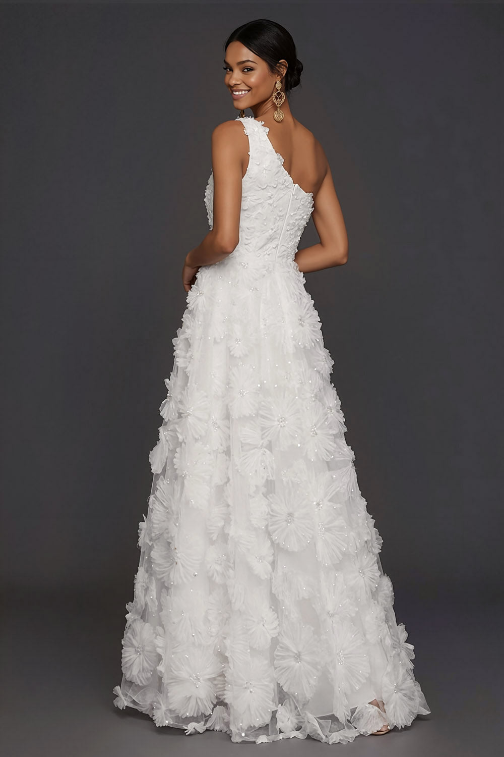 White A Line Floral Appliqued One Shoulder Long Engagement Dress