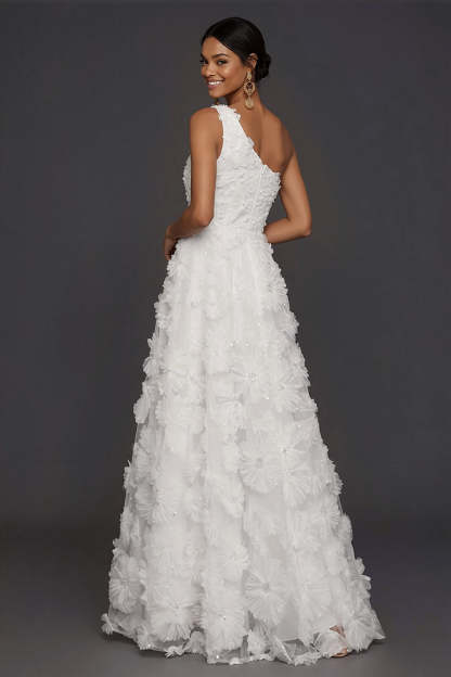 White A Line Floral Appliqued One Shoulder Long Engagement Dress