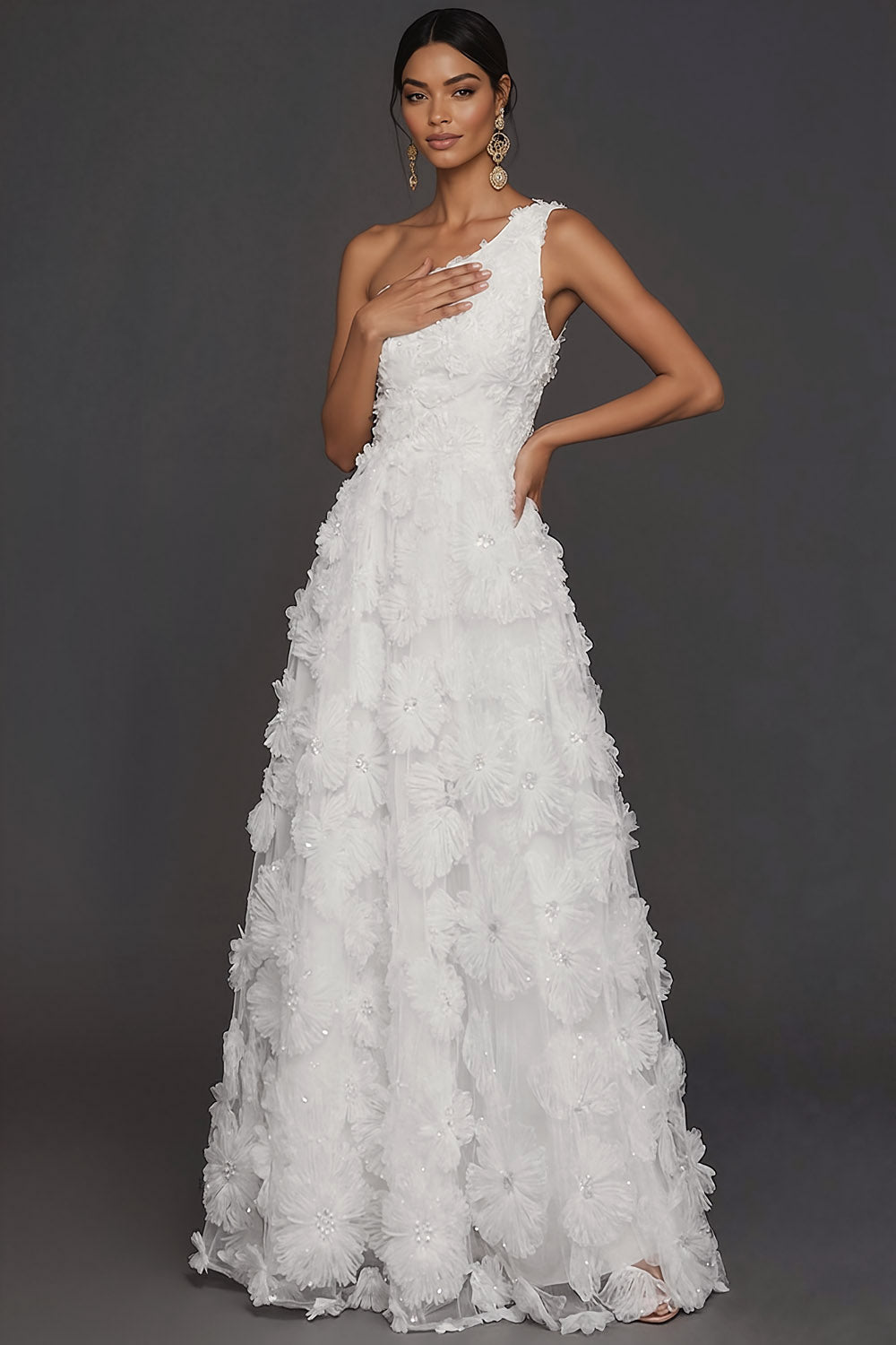 White A Line Floral Appliqued One Shoulder Long Engagement Dress