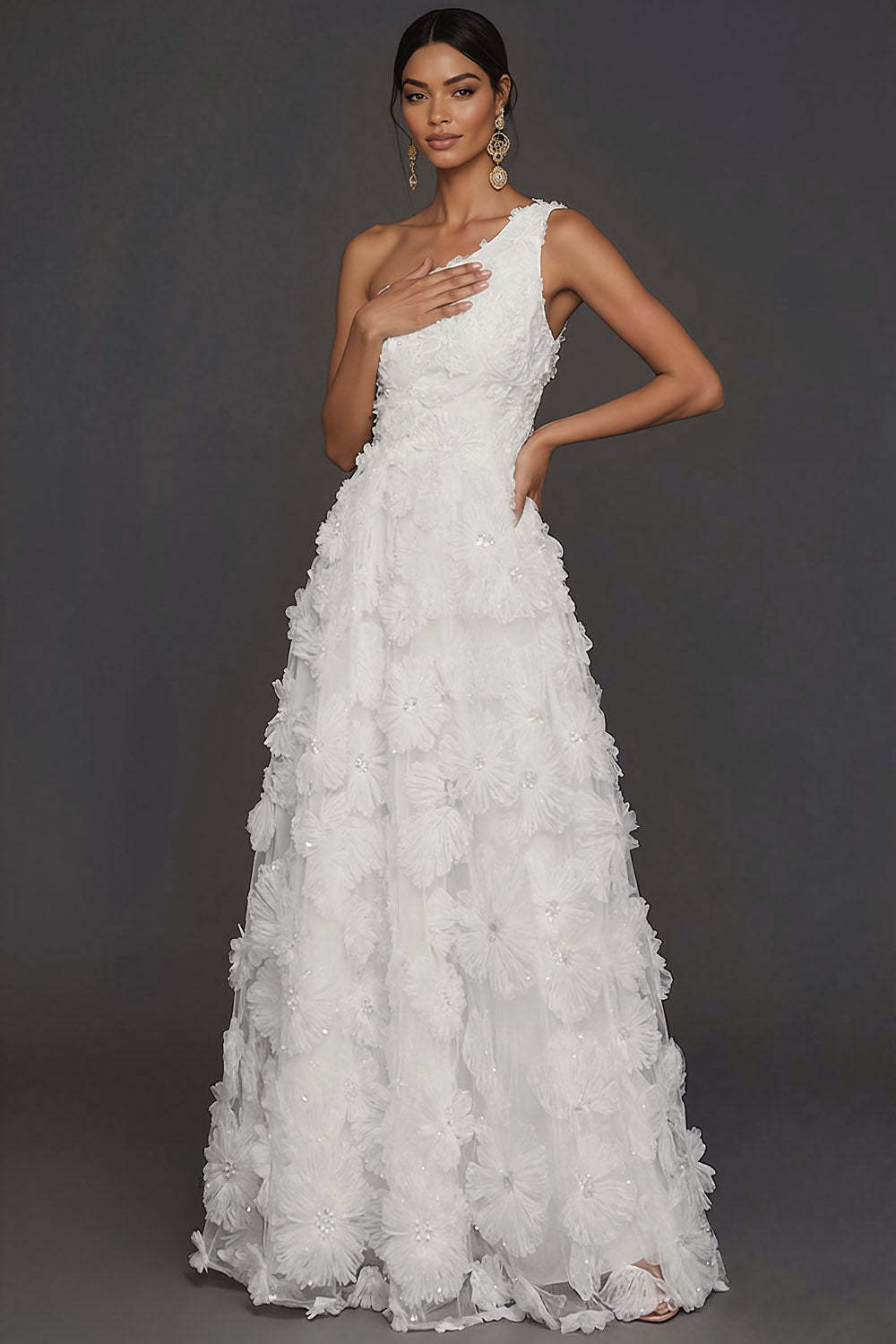 White A Line Floral Appliqued One Shoulder Long Engagement Dress