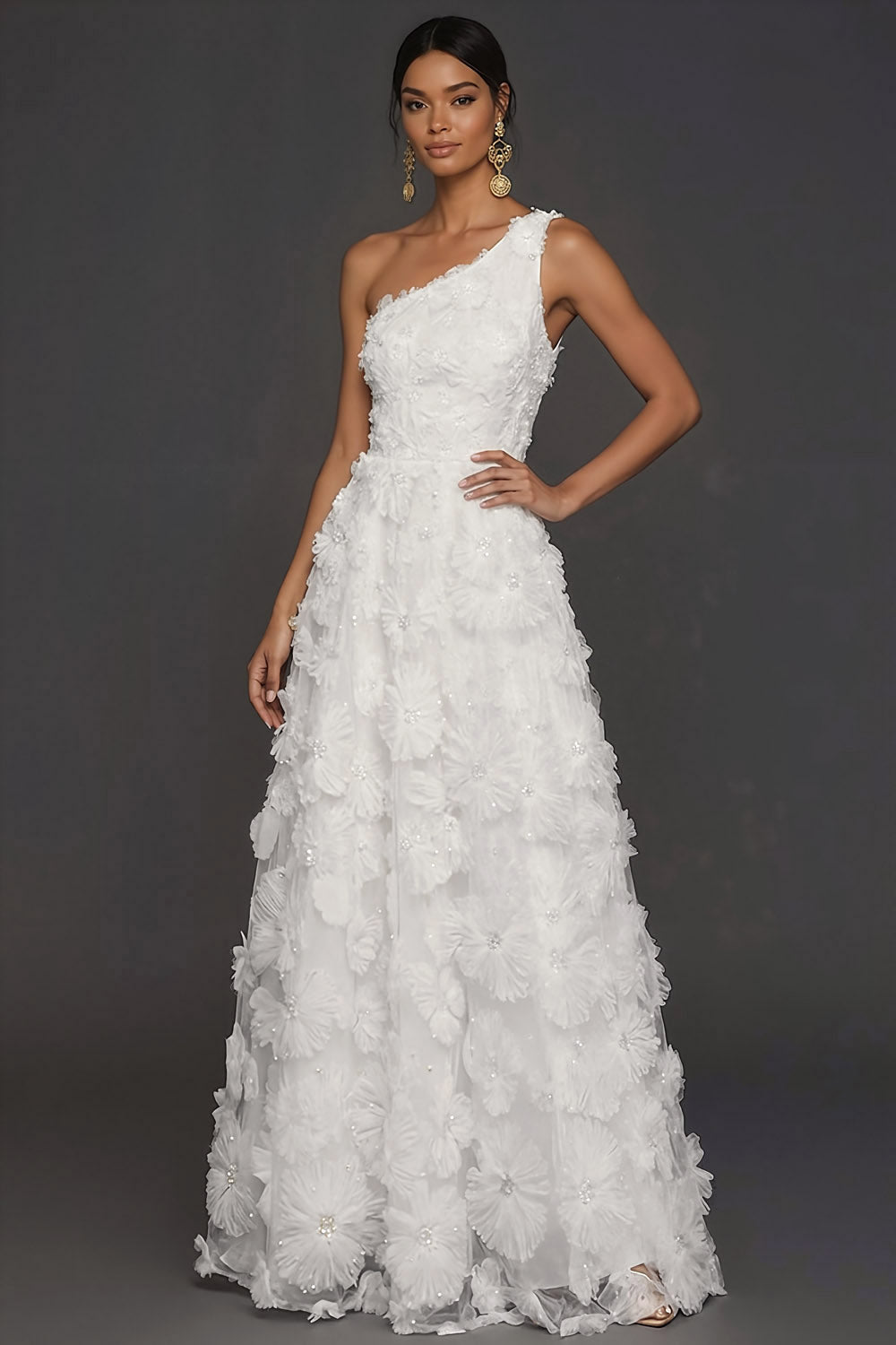 White A Line Floral Appliqued One Shoulder Long Engagement Dress