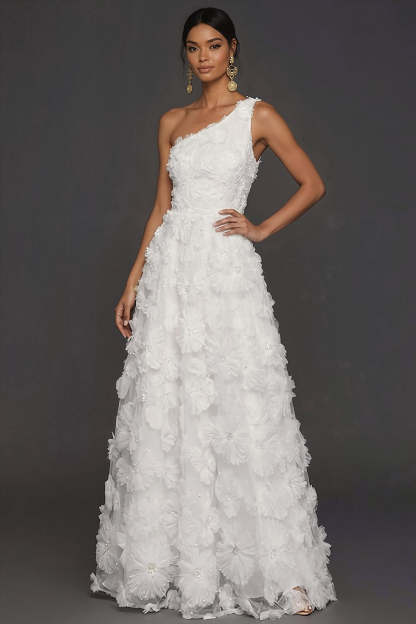 White A Line Floral Appliqued One Shoulder Long Engagement Dress