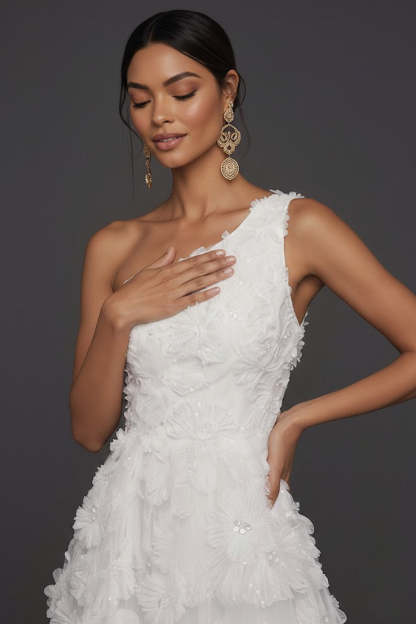 White A Line Floral Appliqued One Shoulder Long Engagement Dress
