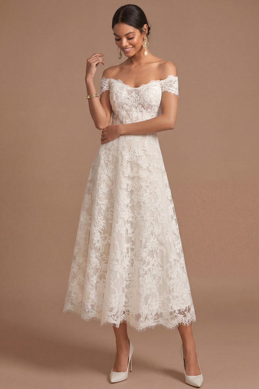 White A Line Off the Shoulder Floral Appliqued Long Engagement Dress