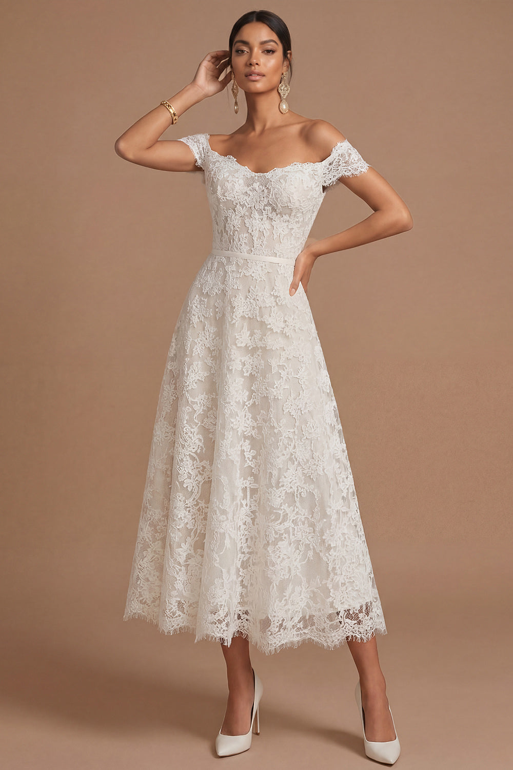 White A Line Off the Shoulder Floral Appliqued Long Engagement Dress