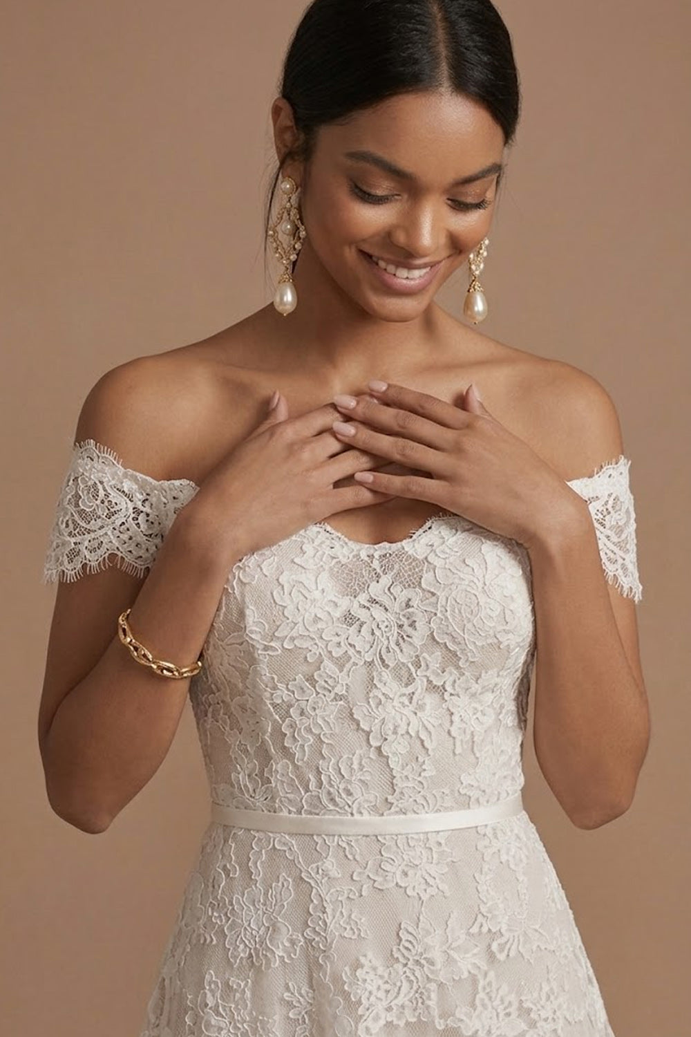 White A Line Off the Shoulder Floral Appliqued Long Engagement Dress