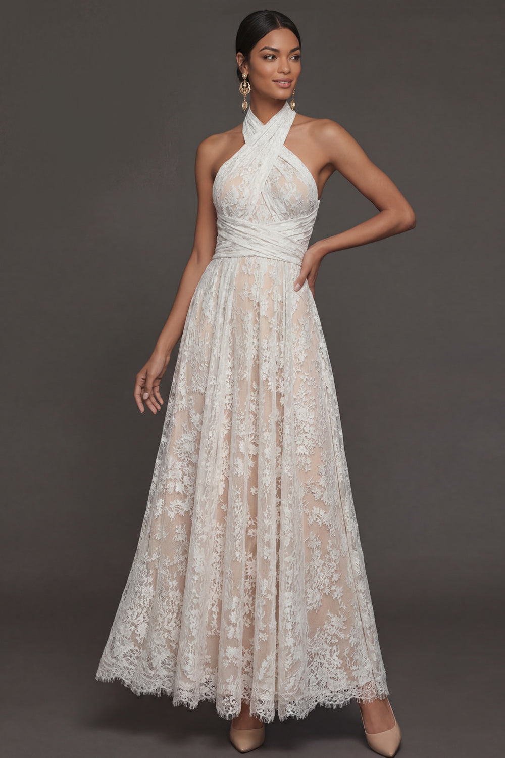White A Line Halter Neck Appliqued Long Engagement Dress