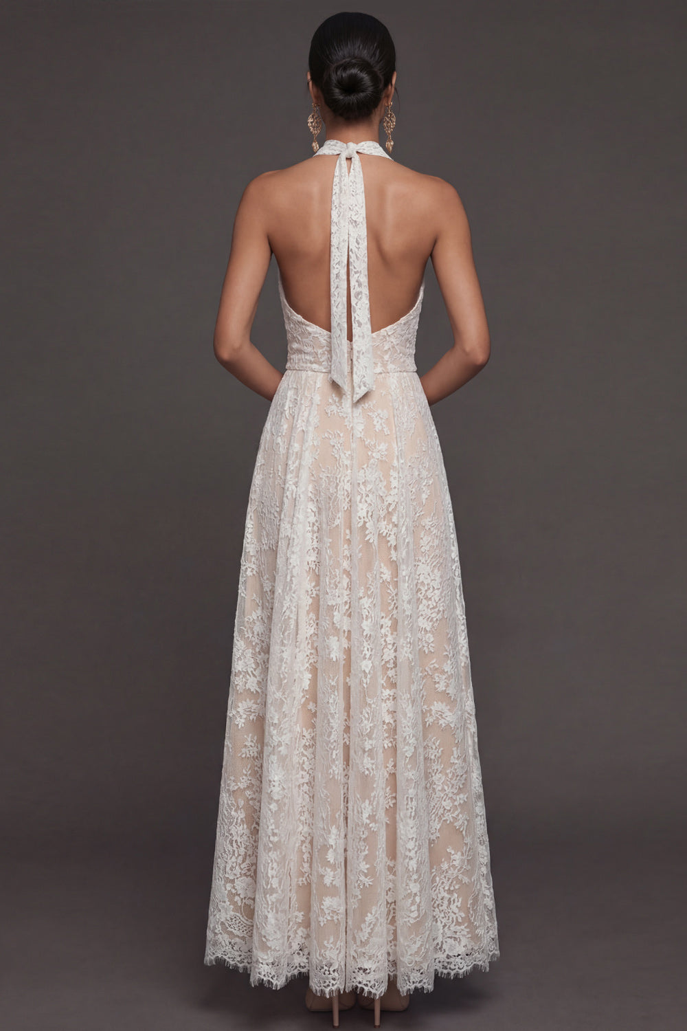 White A Line Halter Neck Appliqued Long Engagement Dress