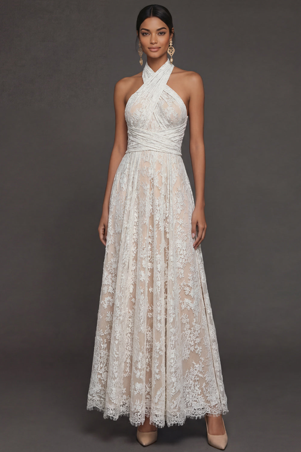 White A Line Halter Neck Appliqued Long Engagement Dress