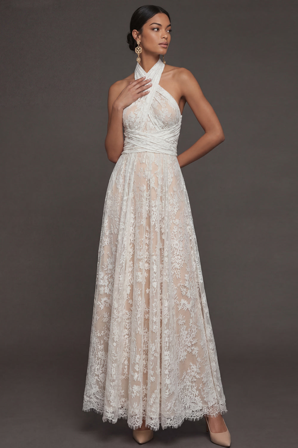 White A Line Halter Neck Appliqued Long Engagement Dress