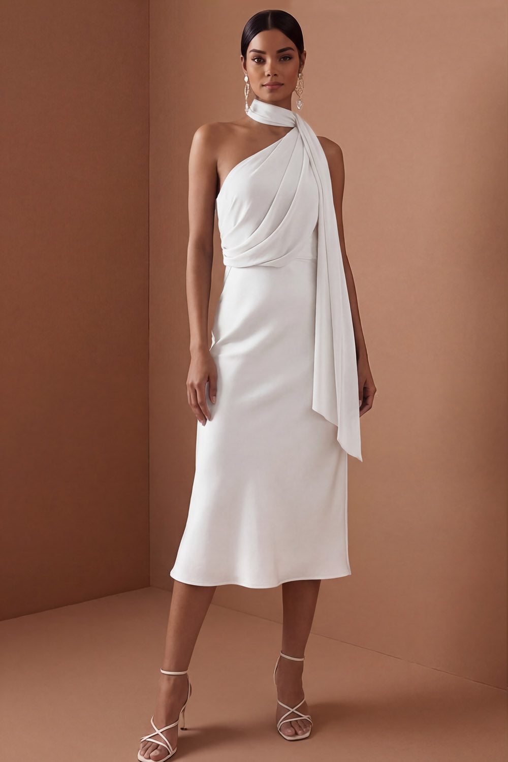 White Sheath Halter Neck Ruched Sleeveless Midi Engagement Dress