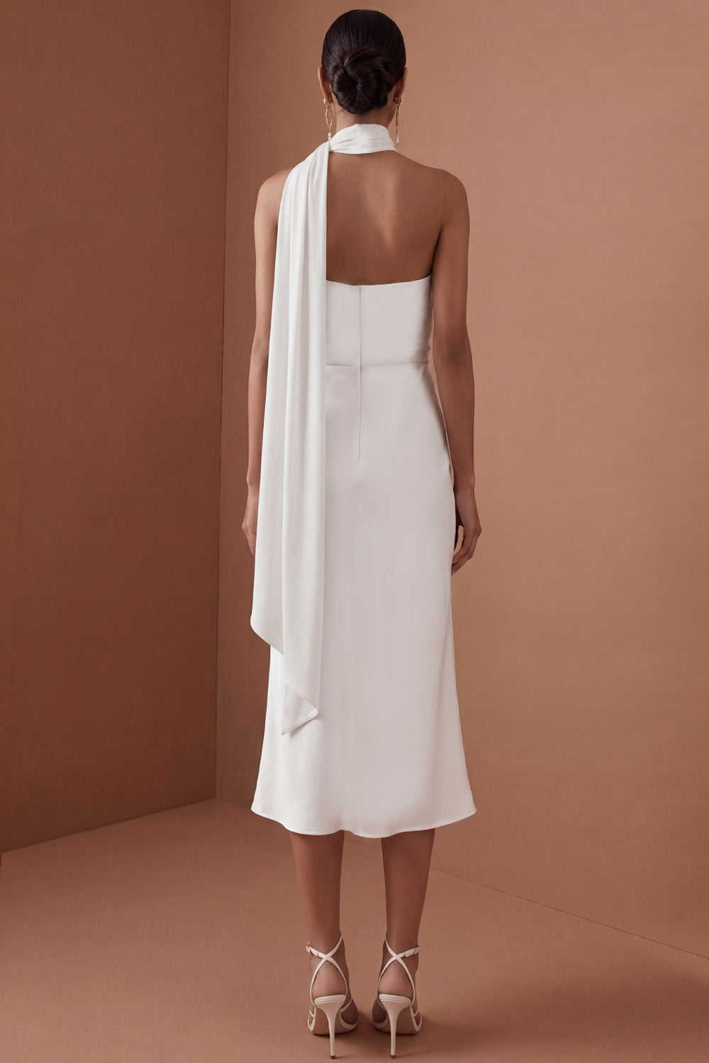 White Sheath Halter Neck Ruched Sleeveless Midi Engagement Dress