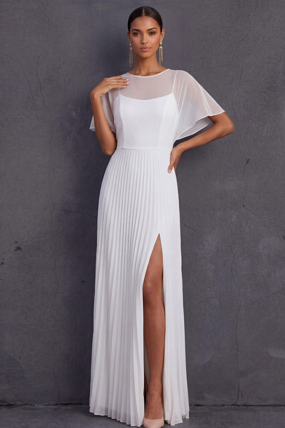 White Pleated Illusion Neck Long Wedding Reception Dress with Slit