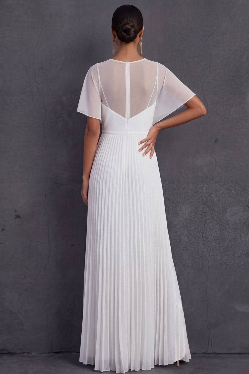 White Pleated Illusion Neck Long Wedding Reception Dress with Slit