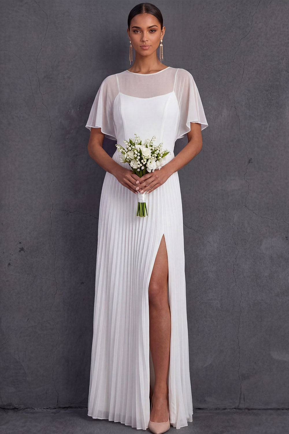 White Pleated Illusion Neck Long Wedding Reception Dress with Slit