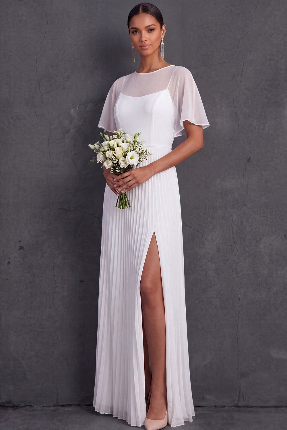 White Pleated Illusion Neck Long Wedding Reception Dress with Slit