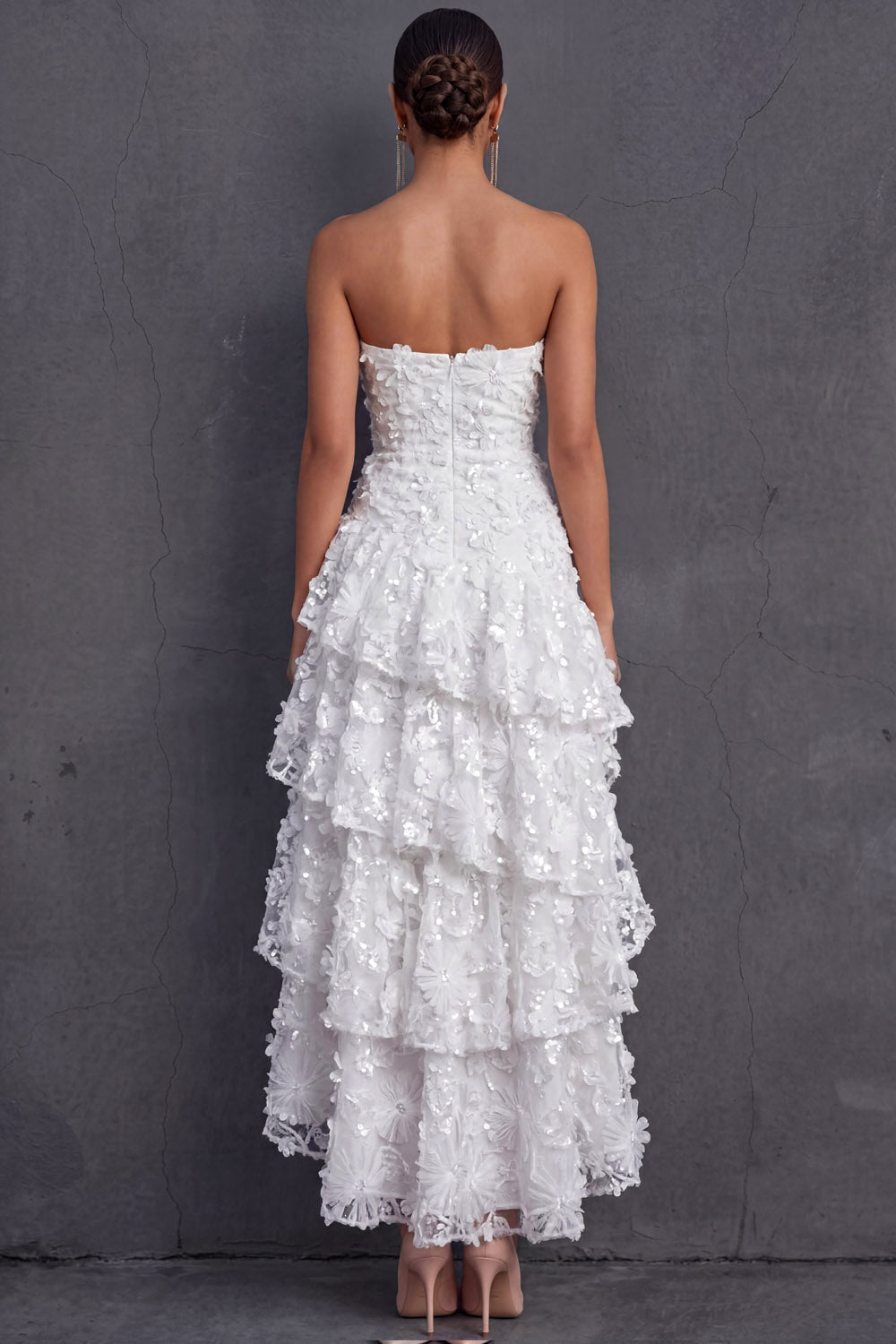 White Floral Appliqued Strapless A Line Midi Engagement Dress