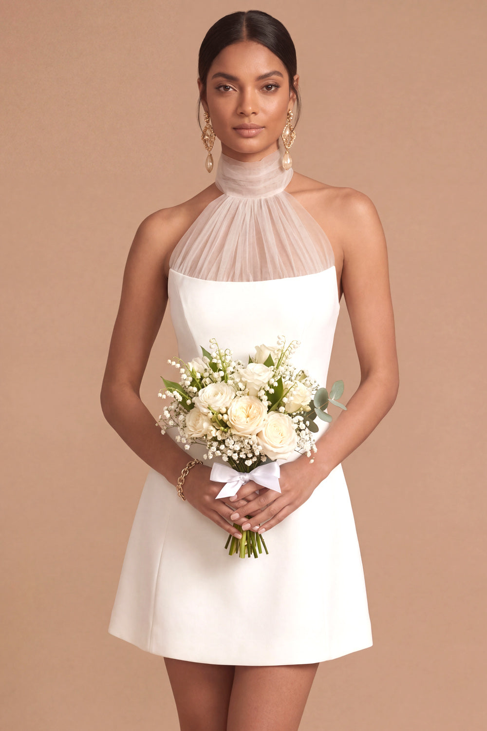 A Line White Halter Neck Backless Sleeveless Short Bridal Shower Dress