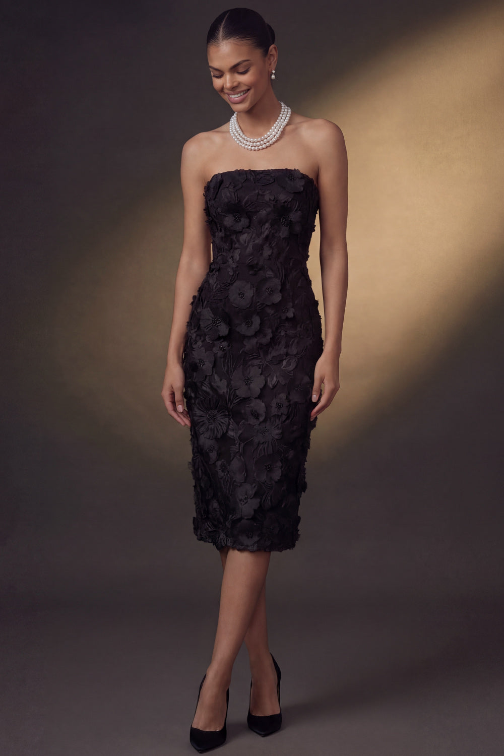 Sheath Black Floral Strapless Appliqued Backless Midi Formal Dress