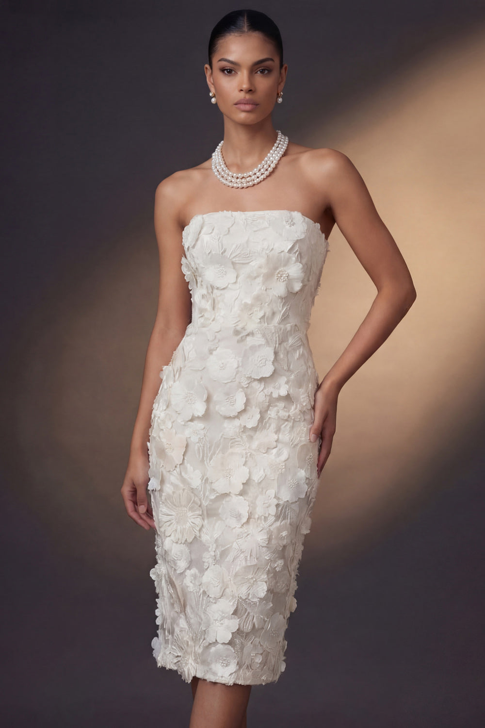 White Sheath Floral Strapless Appliqued Backless Midi Engagement Dress