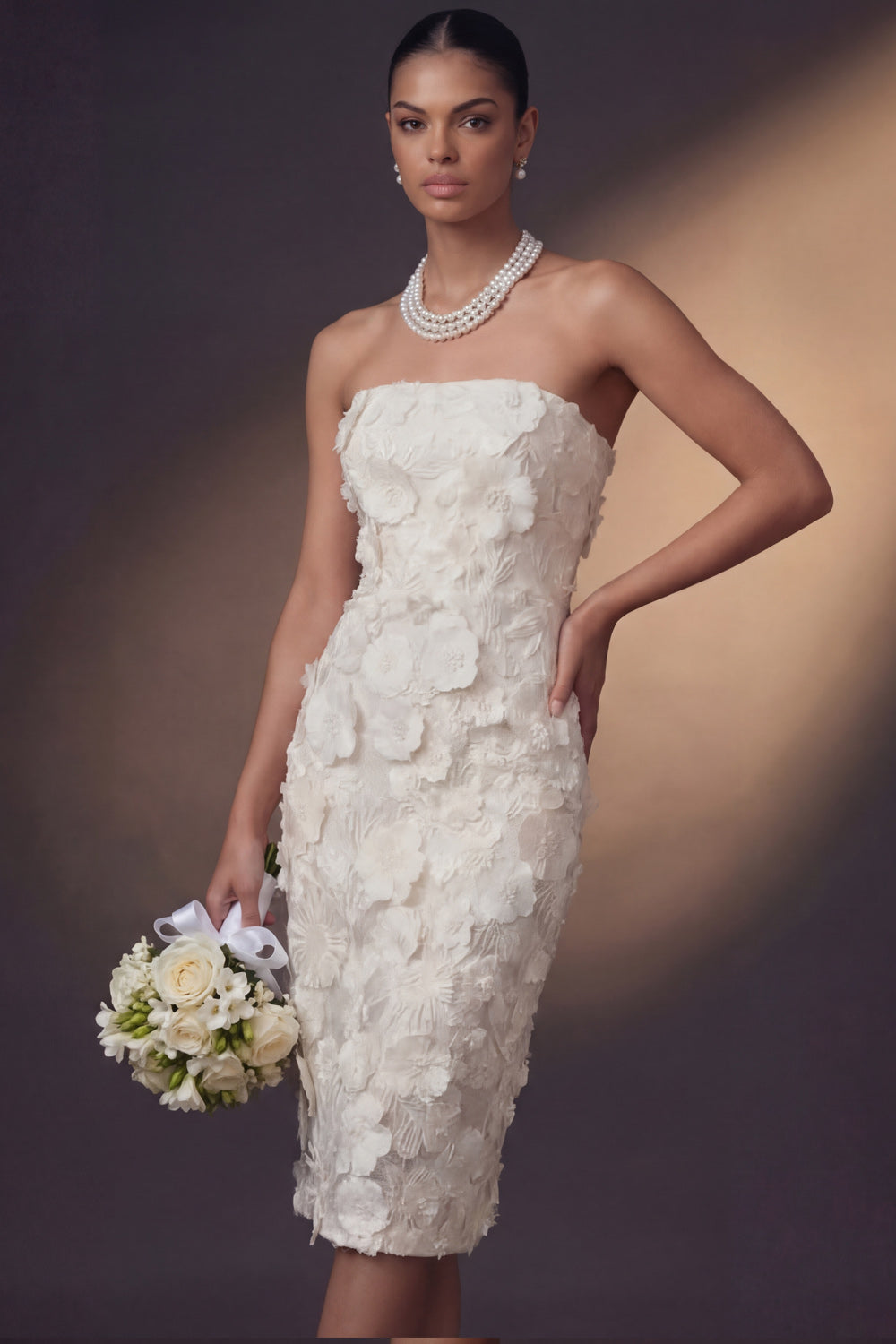 White Sheath Floral Strapless Appliqued Backless Midi Engagement Dress